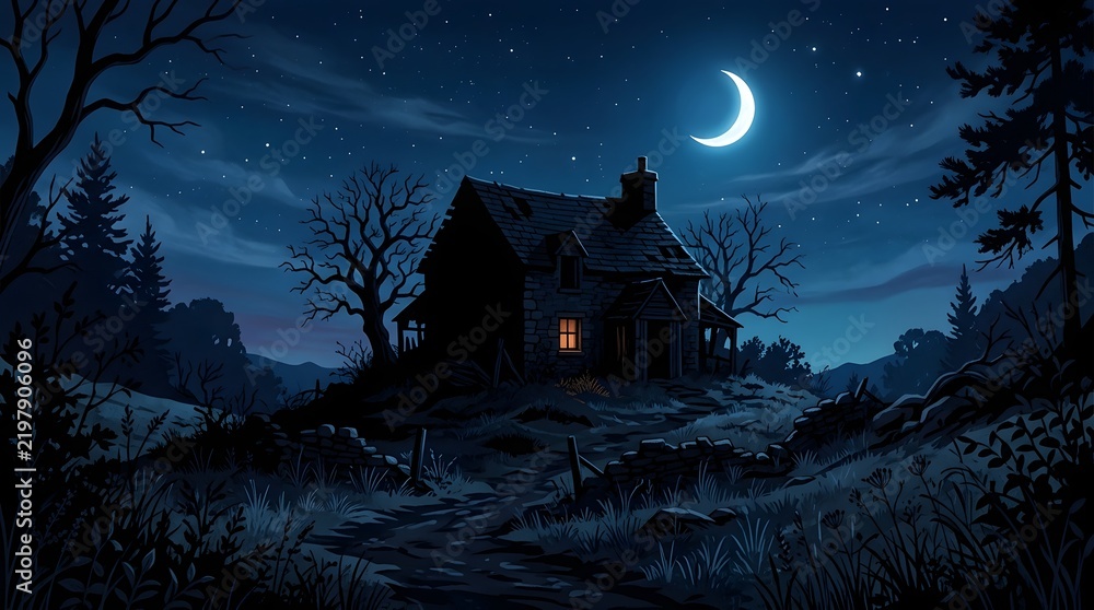Fototapeta premium Crescent moon shining over an old abandoned cottage in a dark forest landscape at night
