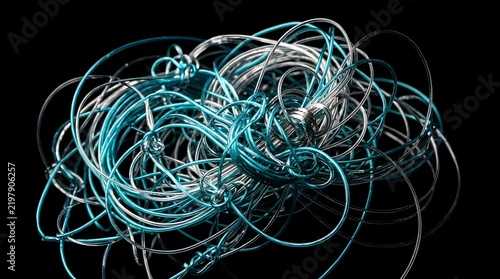 Abstract tangle of glowing blue and green wires against a black background.