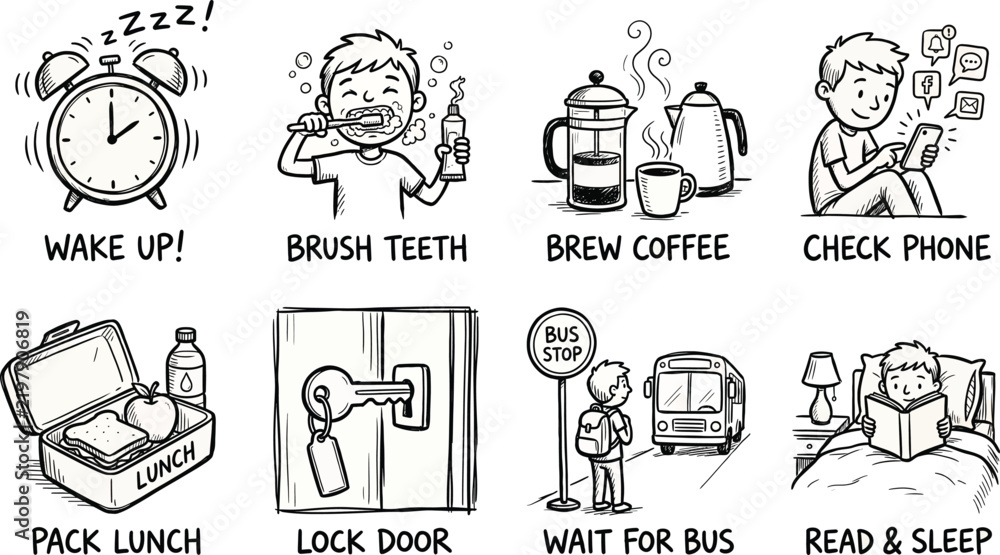 Obraz premium Hand-drawn daily routine icon set, 8 black and white morning habit doodle illustrations, lifestyle schedule vector elements for planners