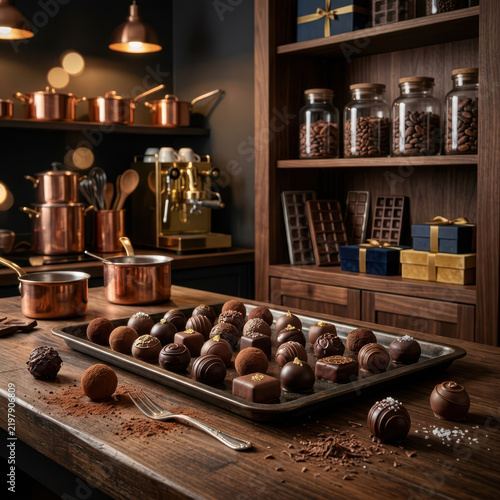 Gourmet selection of artisanal dark and milk chocolate truffles and bonbons on a wooden counter in a confectionery workshop.