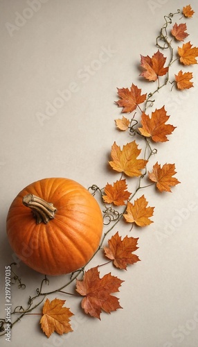 A single ripe orange pumpkin surrounded by colorful autumn maple leaves arranged on a plain background