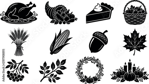 Thanksgiving Harvest Meal Black Silhouette Icons Vector Set