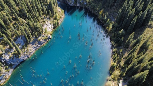 Aerial view of Kaindy lake with submerged pine trees in evergreen mountain forest