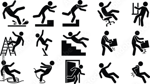 фотографія Workplace accident and safety hazard stick figure silhouette icon set showing pe