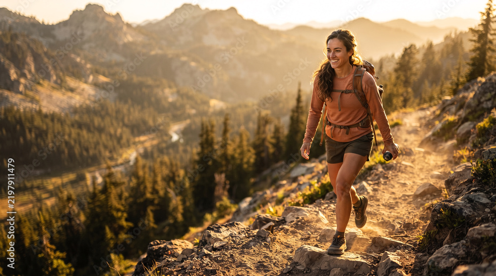 Obraz premium Fit woman hiking on mountain trail at sunset with backpack