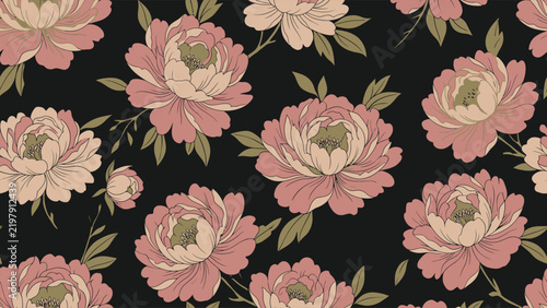 Intricate pink roses floral pattern on dark background suitable for textiles and wallpaper. Flat vector illustration EPS 10.