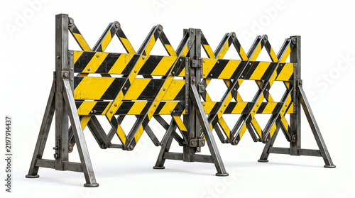 Folding metal safety barricade with yellow and black caution stripes arranged in outdoor construction zone