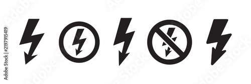 High voltage warning lightning arrow icons with prohibited no flash sign for industrial safety system.