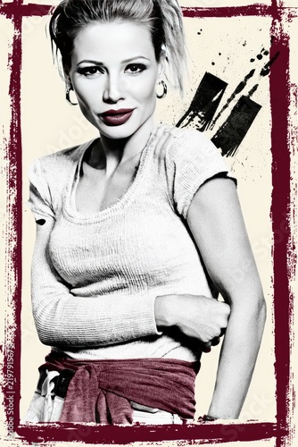 Edgy Fashion Portrait of a Stylish Woman in Monochrome with Artistic Border