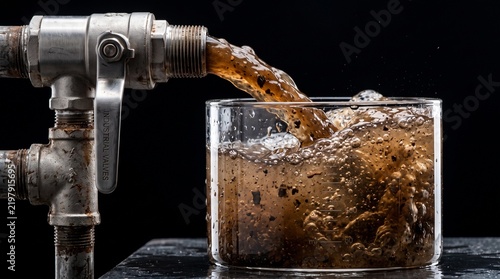 A heavy, functional stainless steel utility pipe dispensing an authentic, turbulent rush of murky, rust-brown, sediment-heavy tap water directly into a clean glass