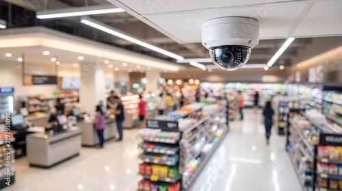 Professional dome security camera installed on retail store ceiling providing constant surveillance over shopping area with blurred background of customers browsing merchandise in modern store