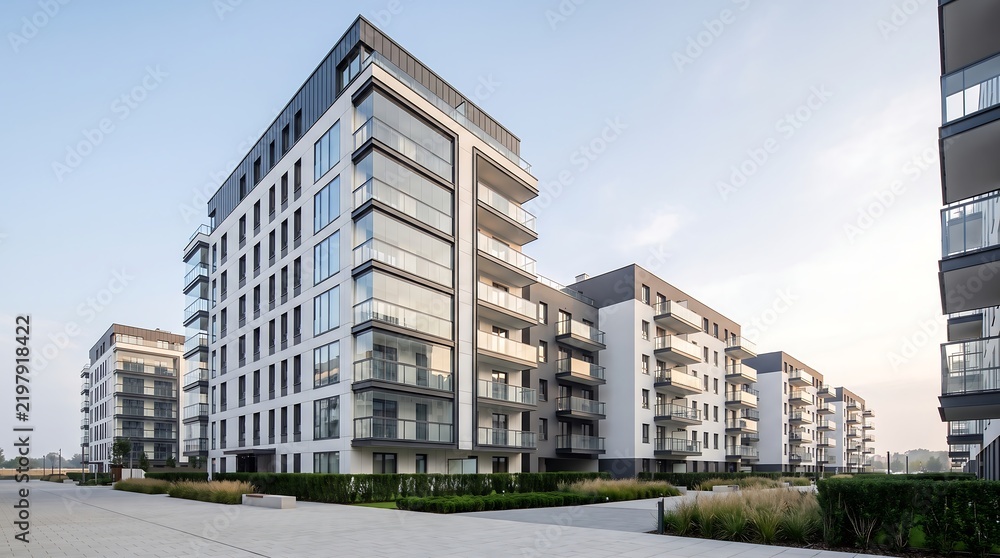 Fototapeta premium Contemporary multi-story residential housing complex featuring sleek glass balconies and clean white facade design in peaceful suburban neighborhood setting during early morning light