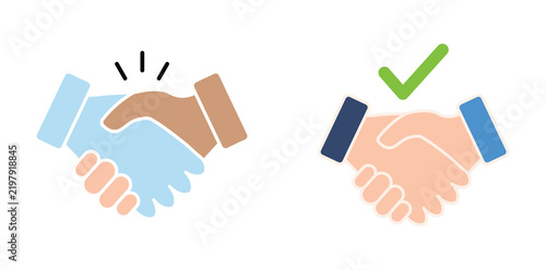 Successful Agreement Handshake Vector Icon Collection with Approved Checkmark. business agreement contract and partnership symbol. in Line Solid and Flat Color Designs   