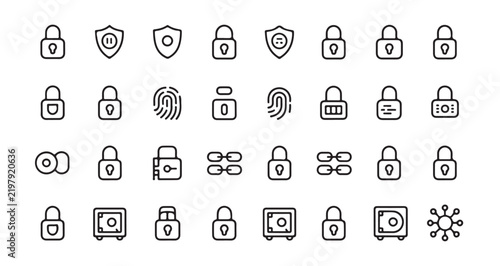 Cyber Security Padlock Vector Design and Illustration with Data Protection Shield Fingerprint Access Control Outline Icon Set