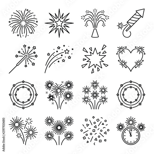 Set of Minimalist Firework and Celebration Line Icons for New Year and Festive Events