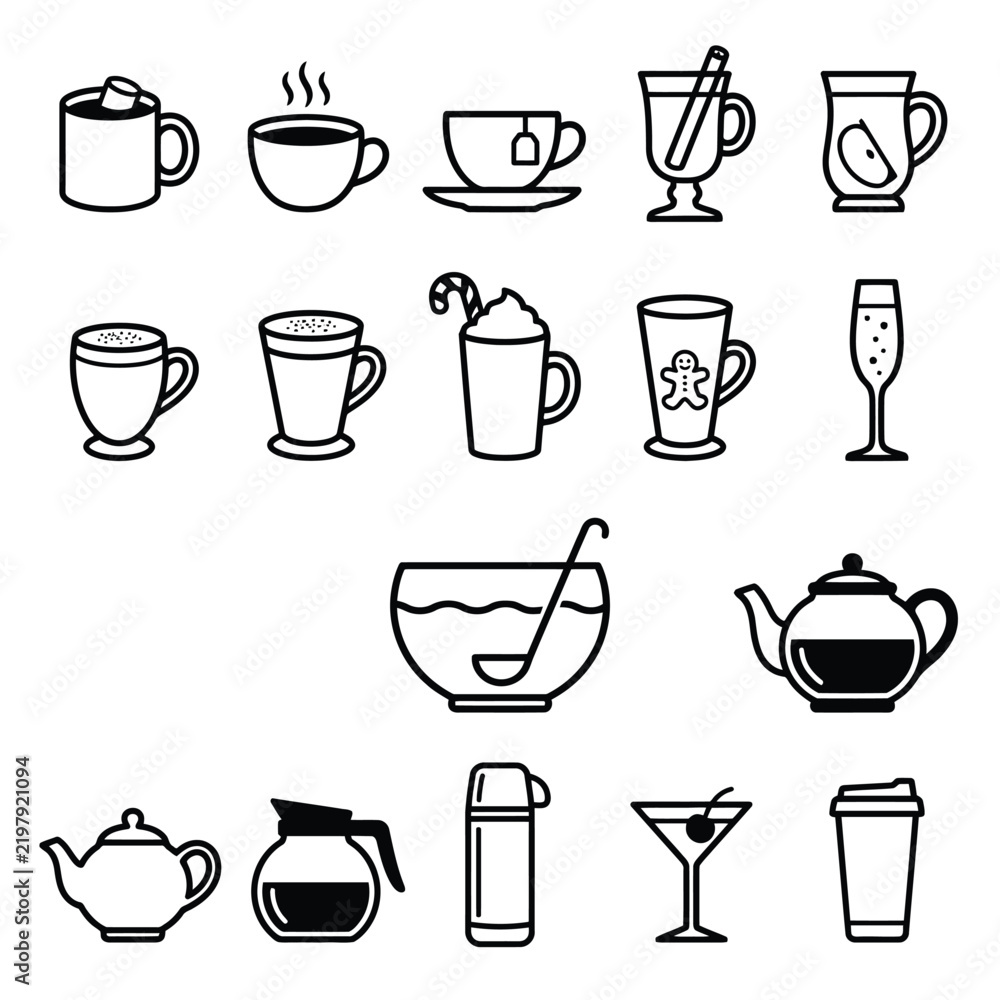 Obraz premium Hot and cold beverage outline icons set with coffee cup tea mug cocktail mulled wine and thermos