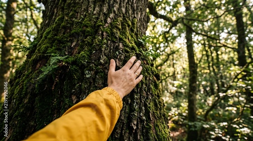 Human hand touching mossy tree bark in a lush forest with natural sunlight and copy space
