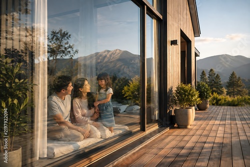 Modern Wooden House with Family and Mountain View