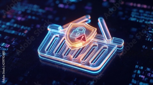 ecommerce warning shopping cart risk Digital shopping cart with security shield and lock icon representing safe online shopping