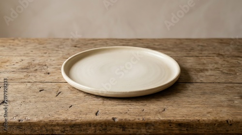 Empty ceramic plate on rustic wooden table for food presentation