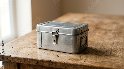 Vintage metal lunch box on a rustic wooden table for retro kitchen decor