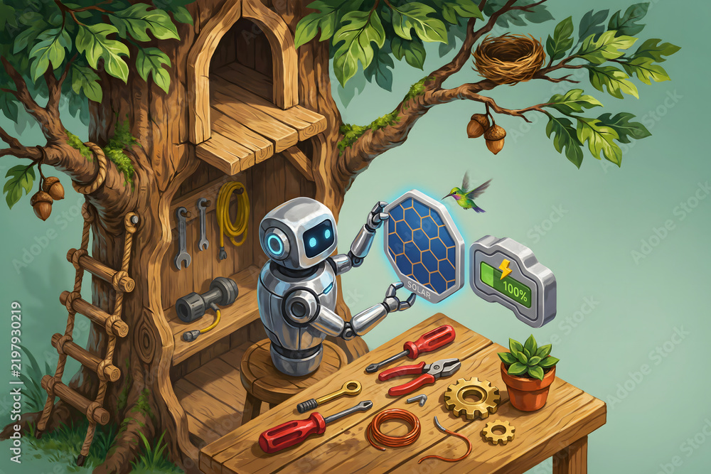 Obraz premium A small robot working on a solar panel at a wooden workbench inside a tree house with tools, a plant, and a hummingbird flying nearby