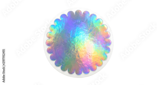 Scalloped circular iridescent holographic sticker isolated on transparent background