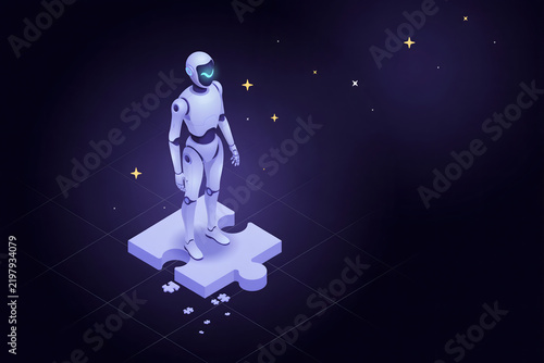 A white humanoid robot standing on a large puzzle piece in a dark space with glowing stars and a soft purple light emanating from the ground level