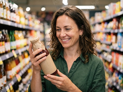 Woman examining beverage bottle in supermarket aisle, lifestyle shopping experience, indoor retail environment, candid viewpoint, consumer choice concept