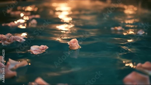 Pink Rose and Petals Floating on Turquoise Spa Water with Golden Reflections