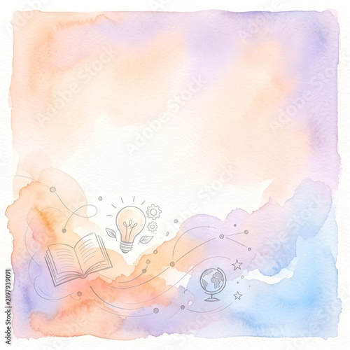 Education Watercolor Background with Open Book Lightbulb and Globe Sketch Floating on Soft Pastel Copy Space in Gentle Warm Light

