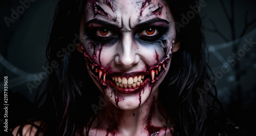Halloween scary makeup female portrait. Scary woman. 
