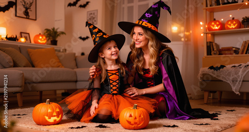 Happy family mother and little girl daughter in witch costumes celebrating Halloween at home
