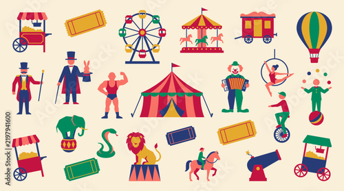 Flat circus icon set and carnival elements showcasing amusement park rides, performer characters and trained animals, concept for entertainment event and carnival branding