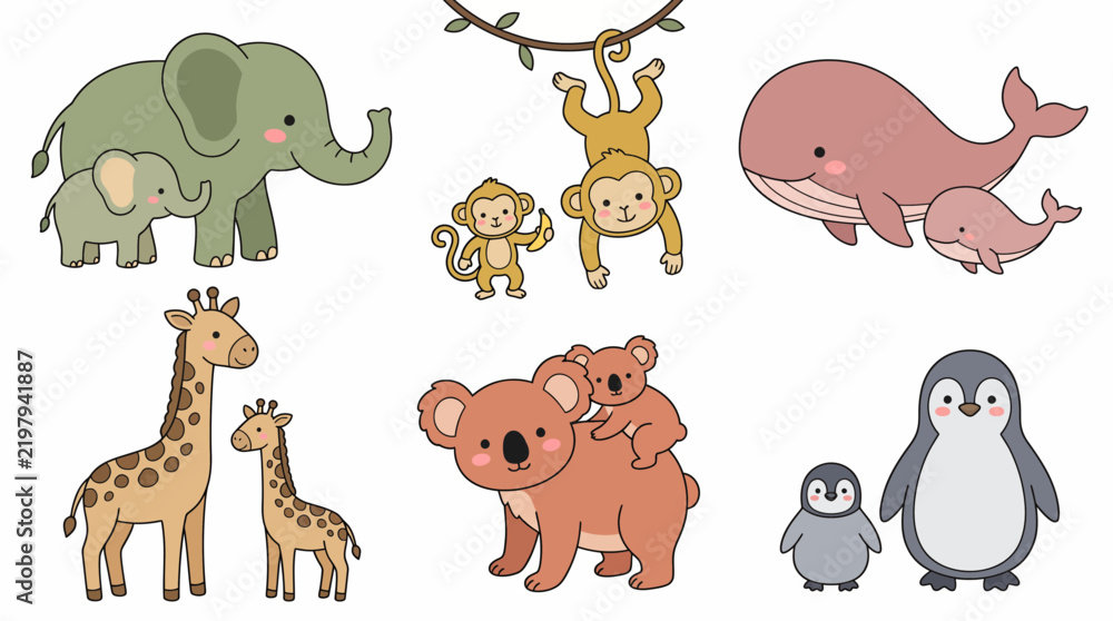 Fototapeta premium Cute animal family vector set showcasing parent and baby wildlife, adorable cute mammals and marine characters, concept for nursery decor and children education