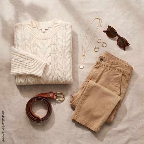 Women's Fashion Outfit Flat Lay with Cream Cable Knit Sweater and Beige Shorts Arranged on Neutral Fabric Background in Soft Natural Light
