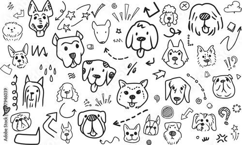 Dog breeds faces and puppy expressions doodle pattern