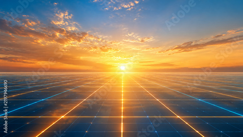 A futuristic sunset over a grid-like landscape, blending technology and nature in a vibrant, glowing scene.