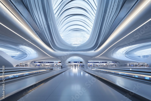 Futuristic airport terminal featuring flowing symmetrical lines and a sleek design with bright illumination