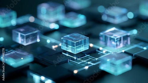 Modern investment portfolio visualized as floating glowing asset blocks, diversified tokenized stocks and securities connected in a sleek digital system