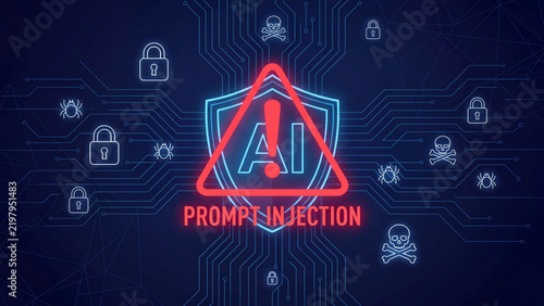 AI prompt injection warning symbol representing artificial intelligence exploit malicious attack and cybersecurity risk