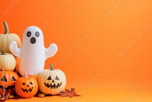 Spooky halloween background with carved pumpkins funny white ghosts and flying black bat element