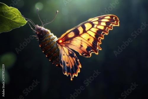A caterpillar transforming into a butterfly with glowing golden wings in flight