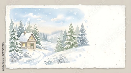 Artistic watercolor Christmas landscape with cozy cabin in snowy forest on textured paper