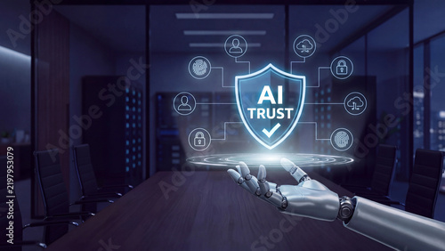 AI trust shield concept building confidence in artificial intelligence reliability and secure machine systems