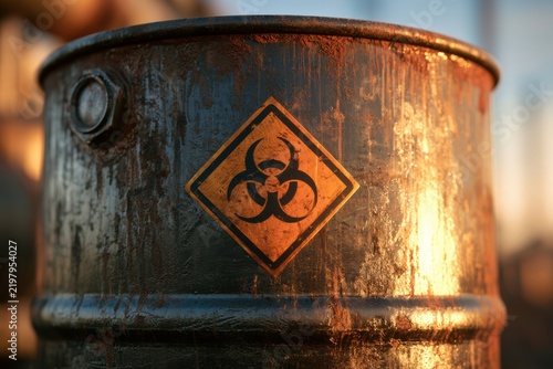 Rusty barrel displaying a biohazard symbol, representing pollution and environmental danger