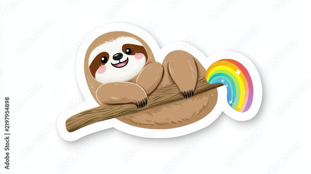 Fototapeta premium Cute sloth sticker design featuring smiling sloth hanging on branch with colorful rainbow. This playful illustration evokes joy and whimsy
