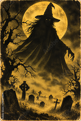 Vintage 1930s pulp horror poster of a witch over a graveyard
