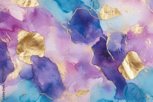 Abstract watercolor patterns mixed with metallic gold and vibrant color