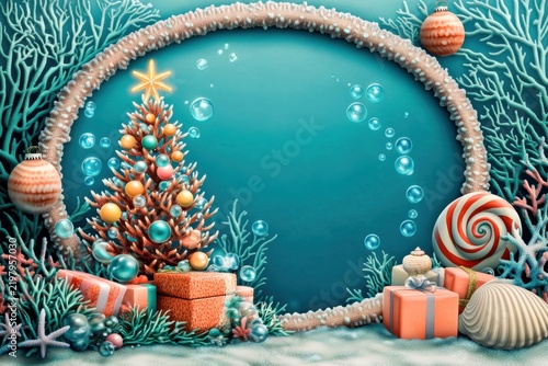 Underwater coral frame an oval frame with coral and sea life and a christmas tree for an xmas holiday event